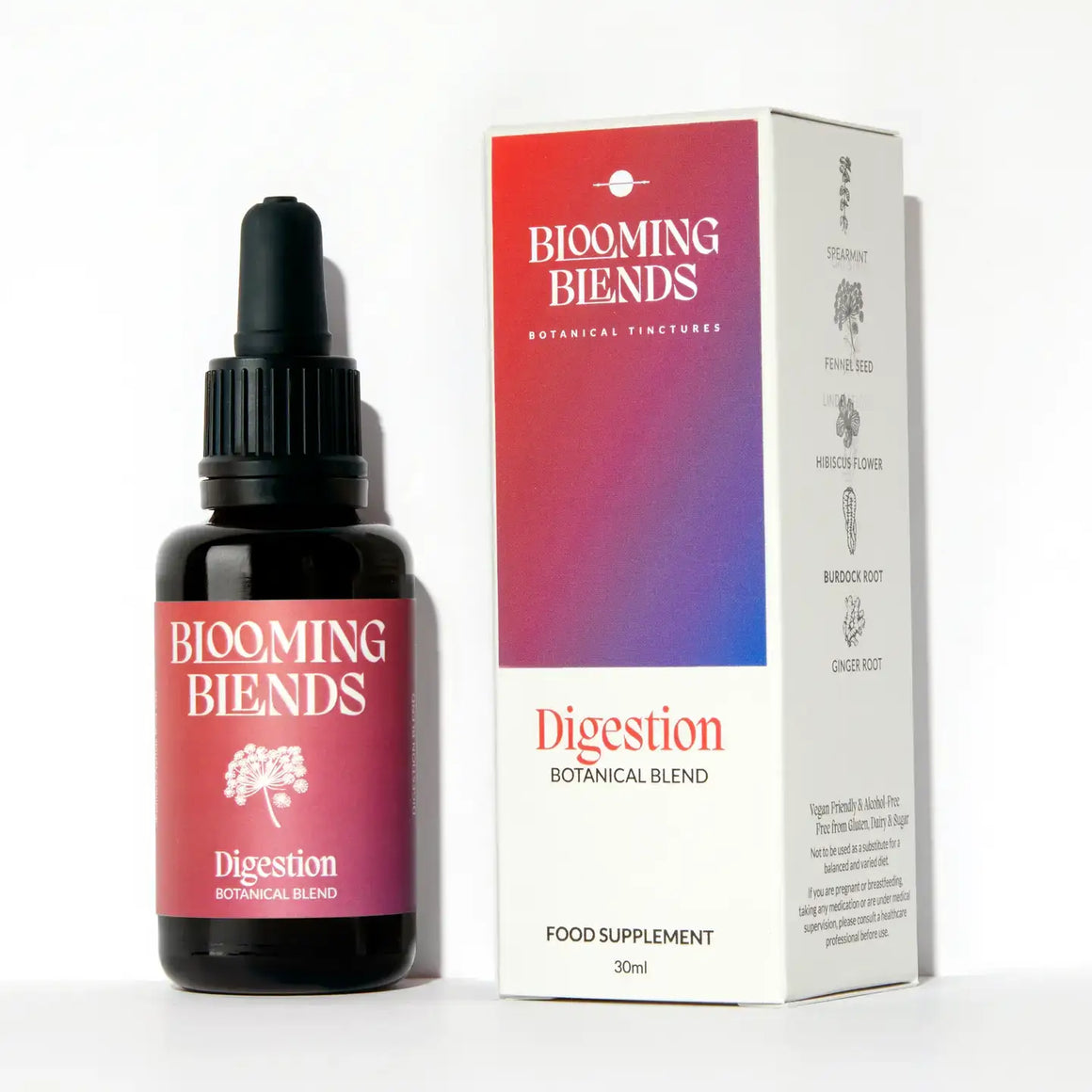 Bottles and packaging of Blooming Blends Digestion Botanical Blend on a white background