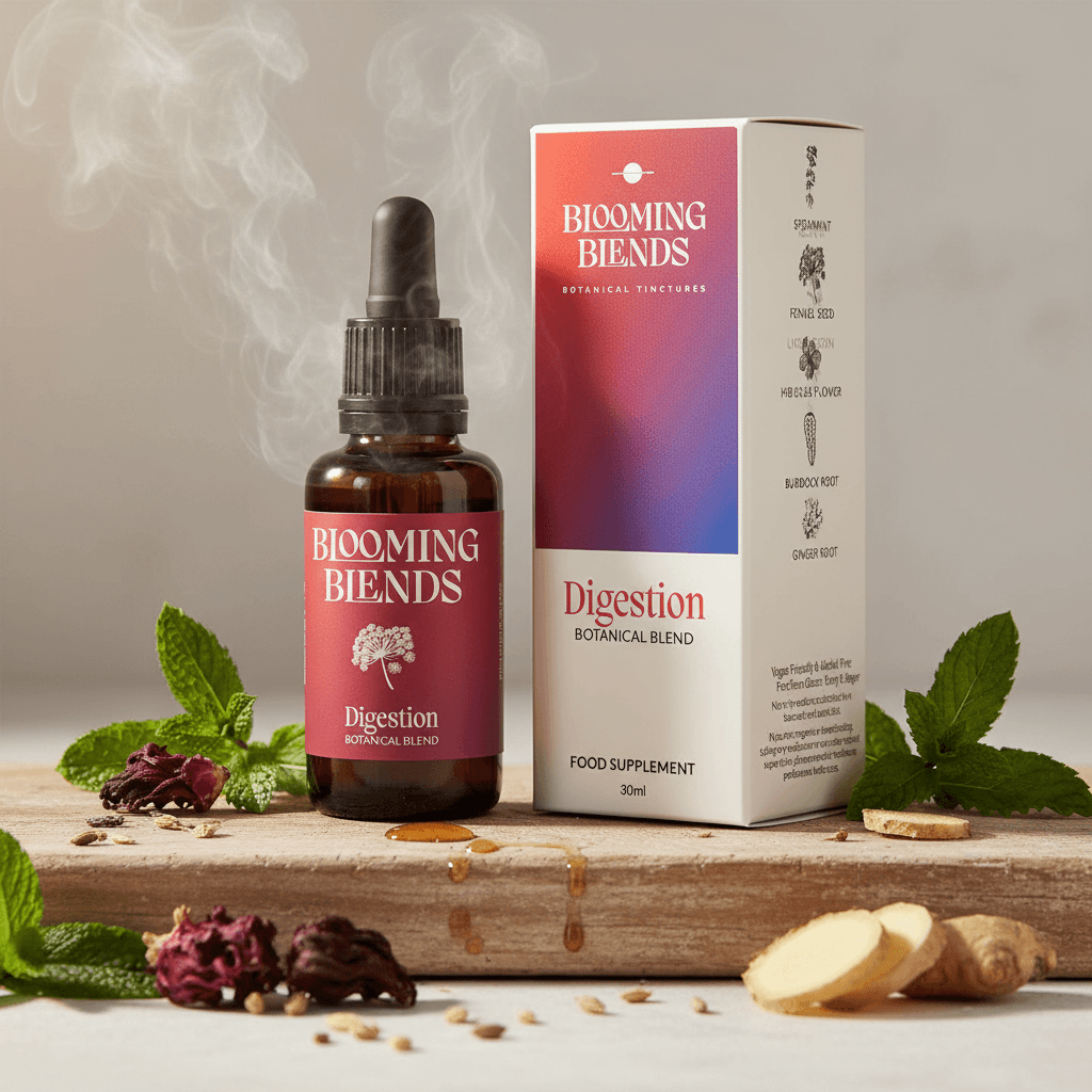 Blooming Blends Digestion botanical blend bottle and packaging on a wooden surface with herbs and spices.