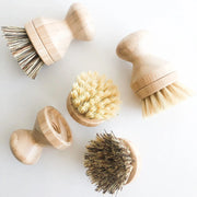 Set of wooden brushes with natural bristles on a light background