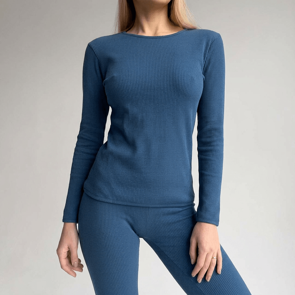 EASE 2 Piece Ribbed Cotton Loungewear - Blue featuring a model wearing a ribbed cotton top and bottom in blue.