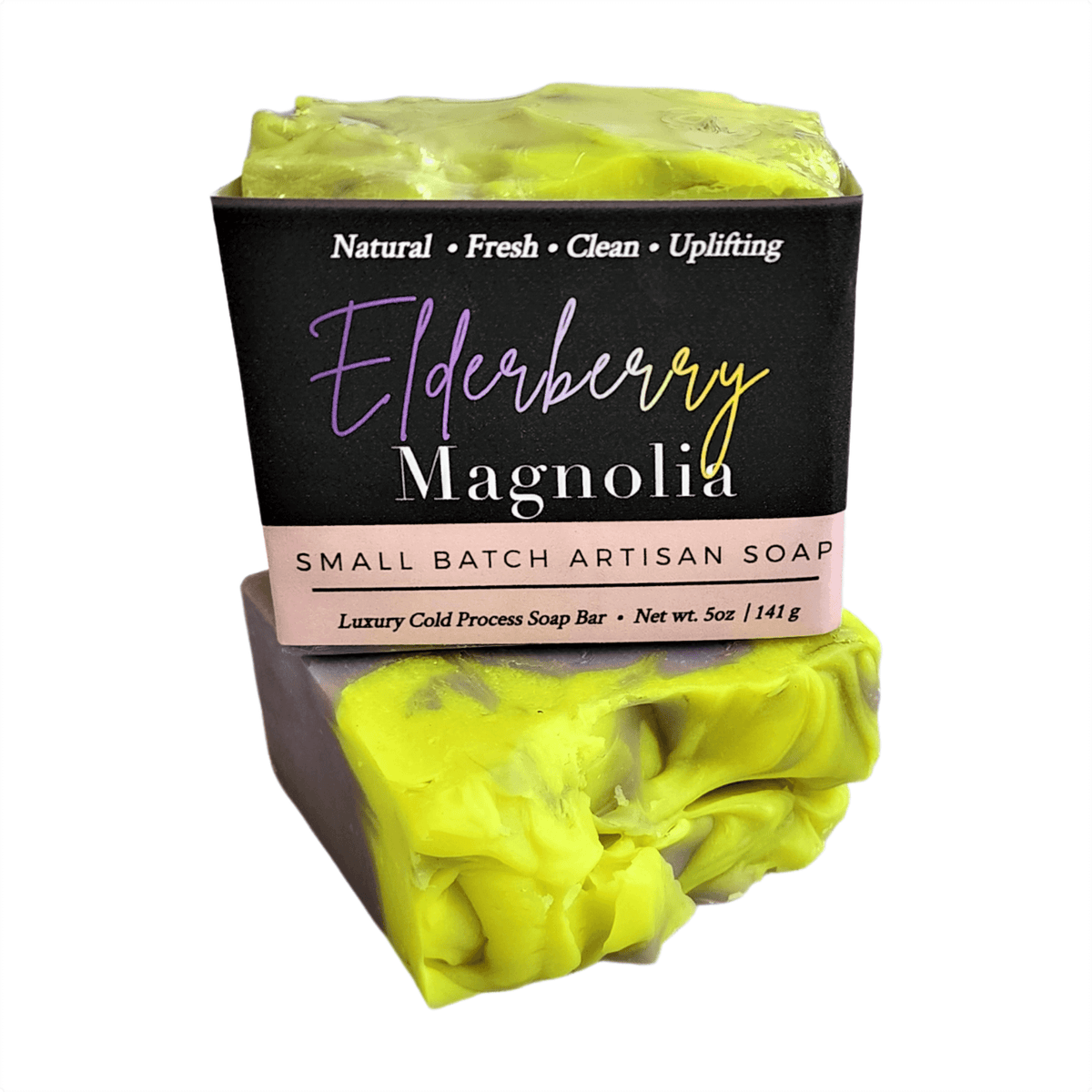 Elderberry Magnolia Soap Bar - Soap Boutique, vibrant artisan soap with yellow and violet swirls, 5 oz.