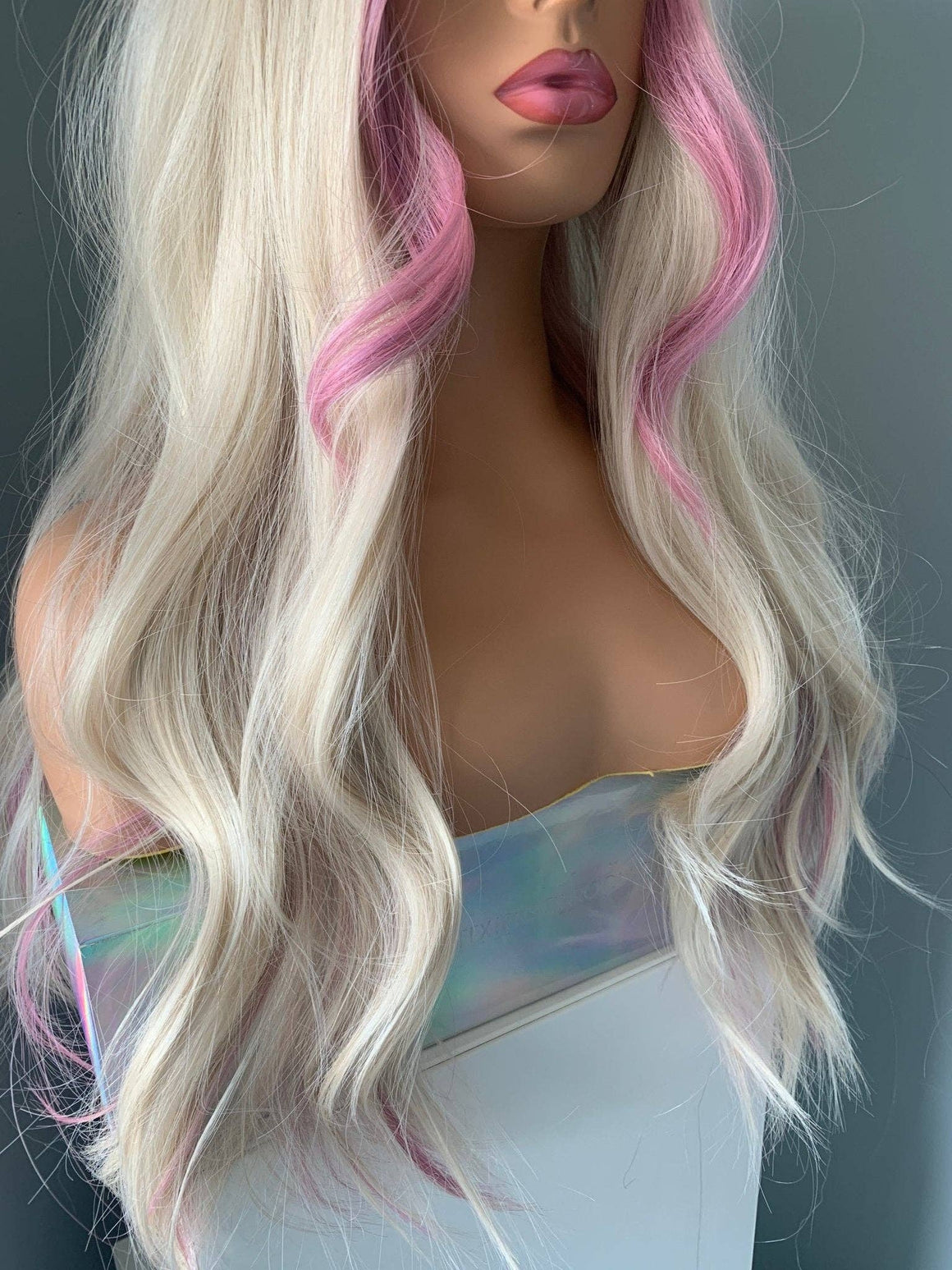 Emily Long Blonde Wig with Pink Money Piece Highlights