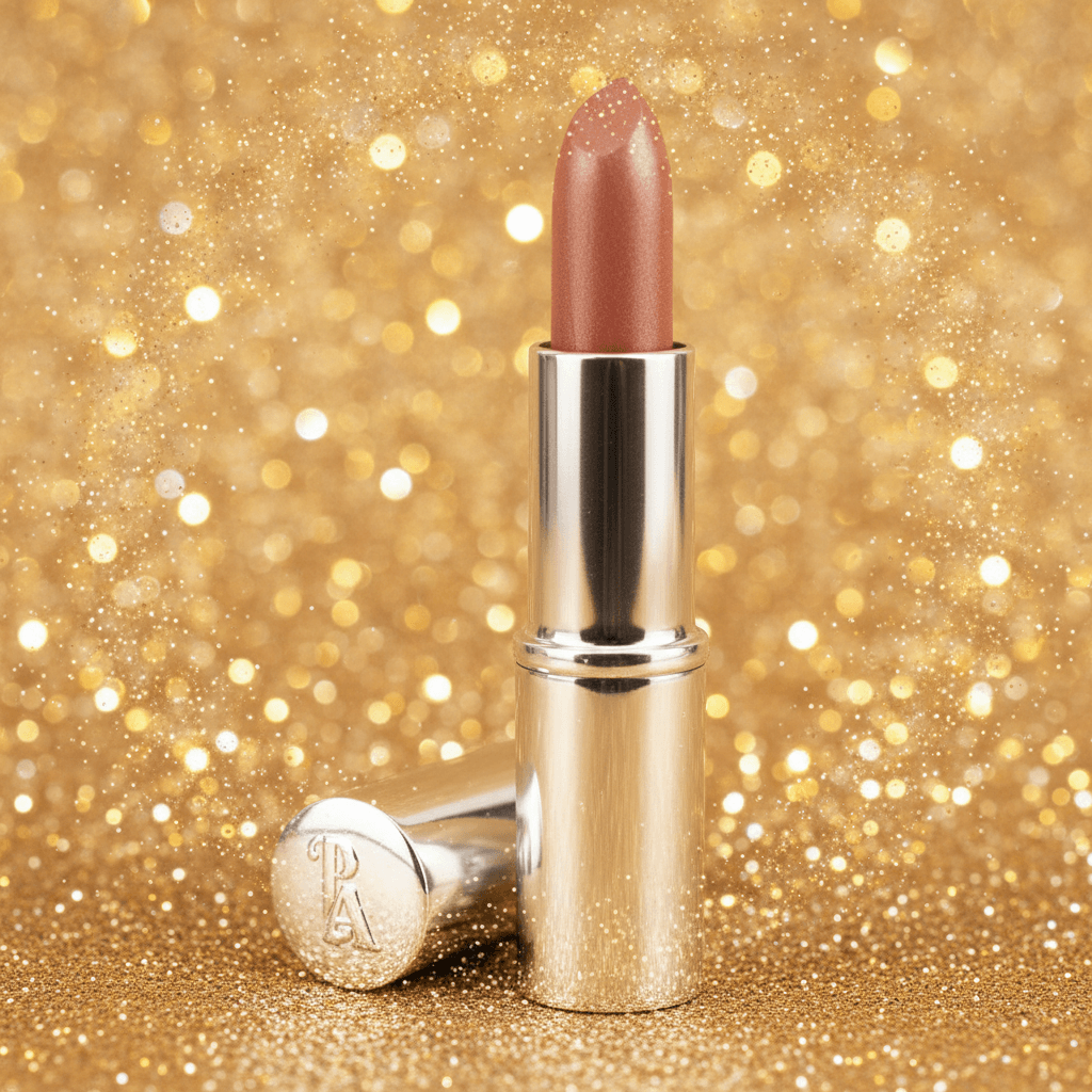 Lipstick with silver cap on a glittery gold background