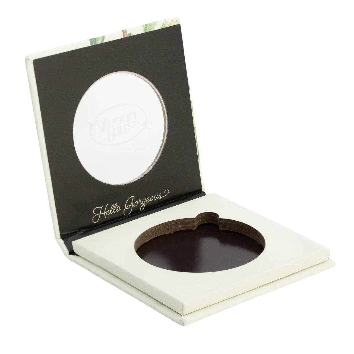Makeup compact with mirror and black powder case on a white background