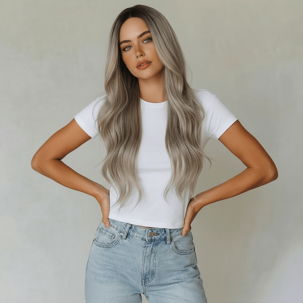 Erika Long Silver Blonde Body Wave Wig displayed on model with flowing waves, showcasing natural volume.