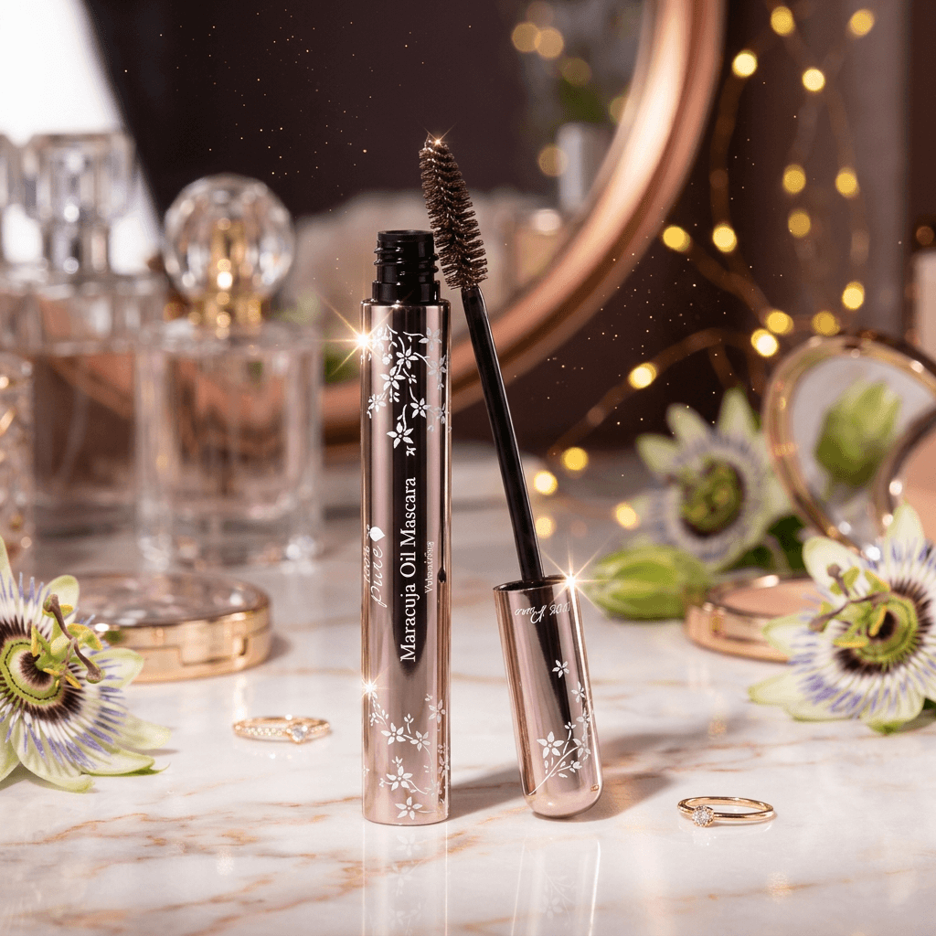 Eyebrow mascara with applicator on a decorative surface with flowers and jewelry.
