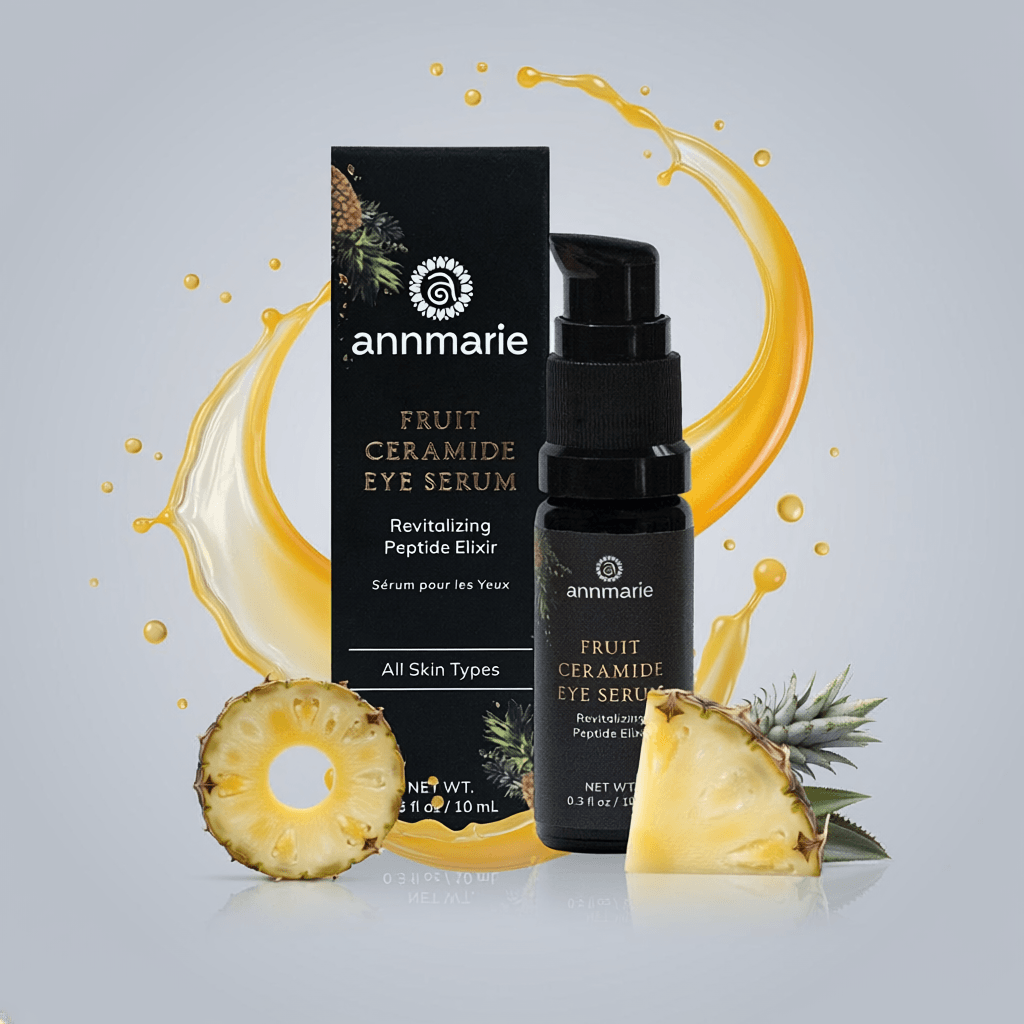 Annmarie Fruit Ceramide Eye Serum with packaging and pineapple slices on a gray background