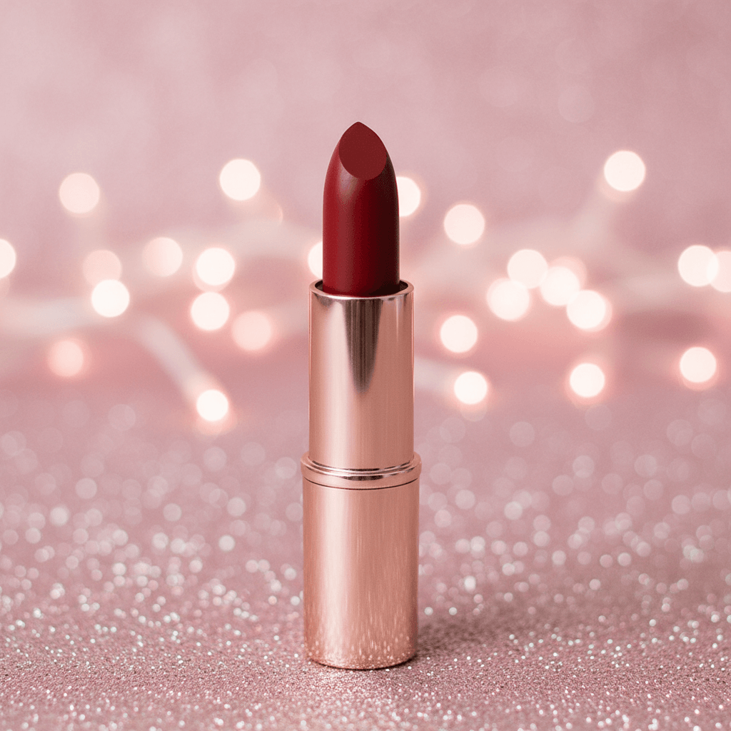 Red lipstick on a pink glittery background with blurred lights