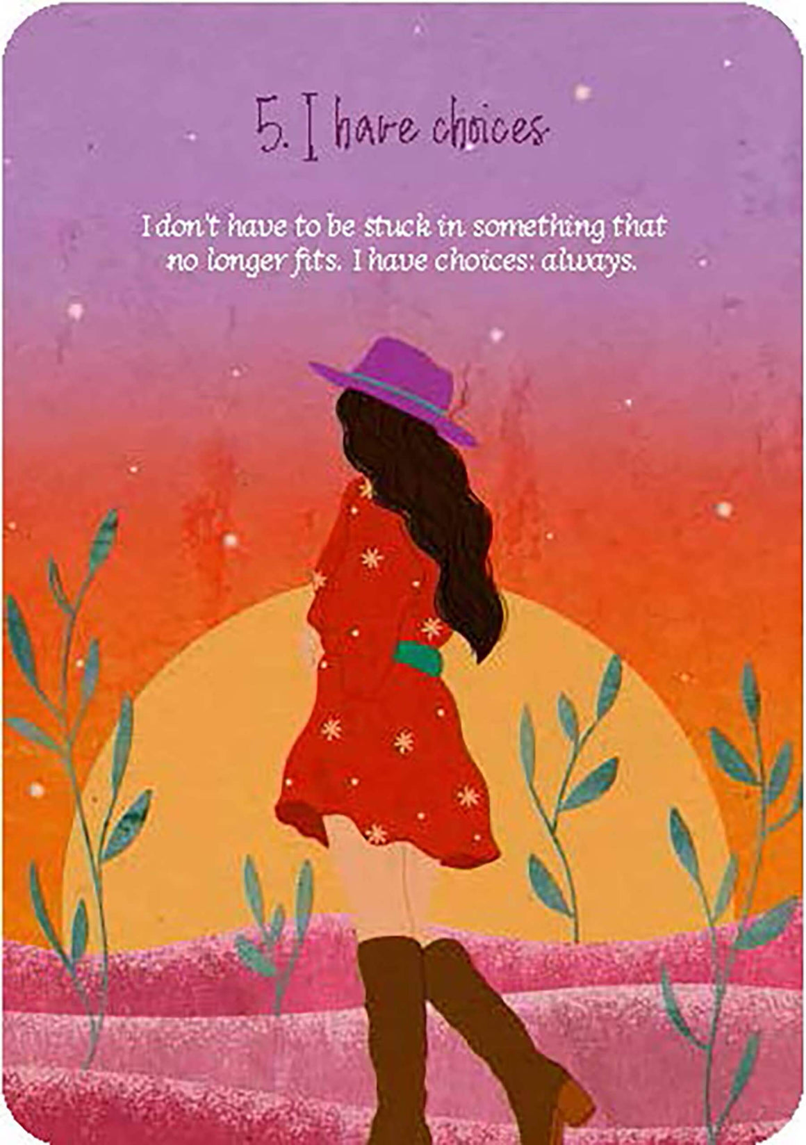 Card with a silhouette of a woman in a red dress and purple hat against a sunset background, with text about choices.