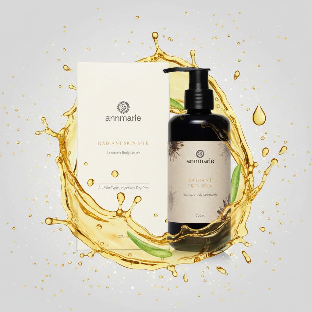 annmarie Radiant Skin Sheer bottle and packaging with gold liquid splash on a light gray background