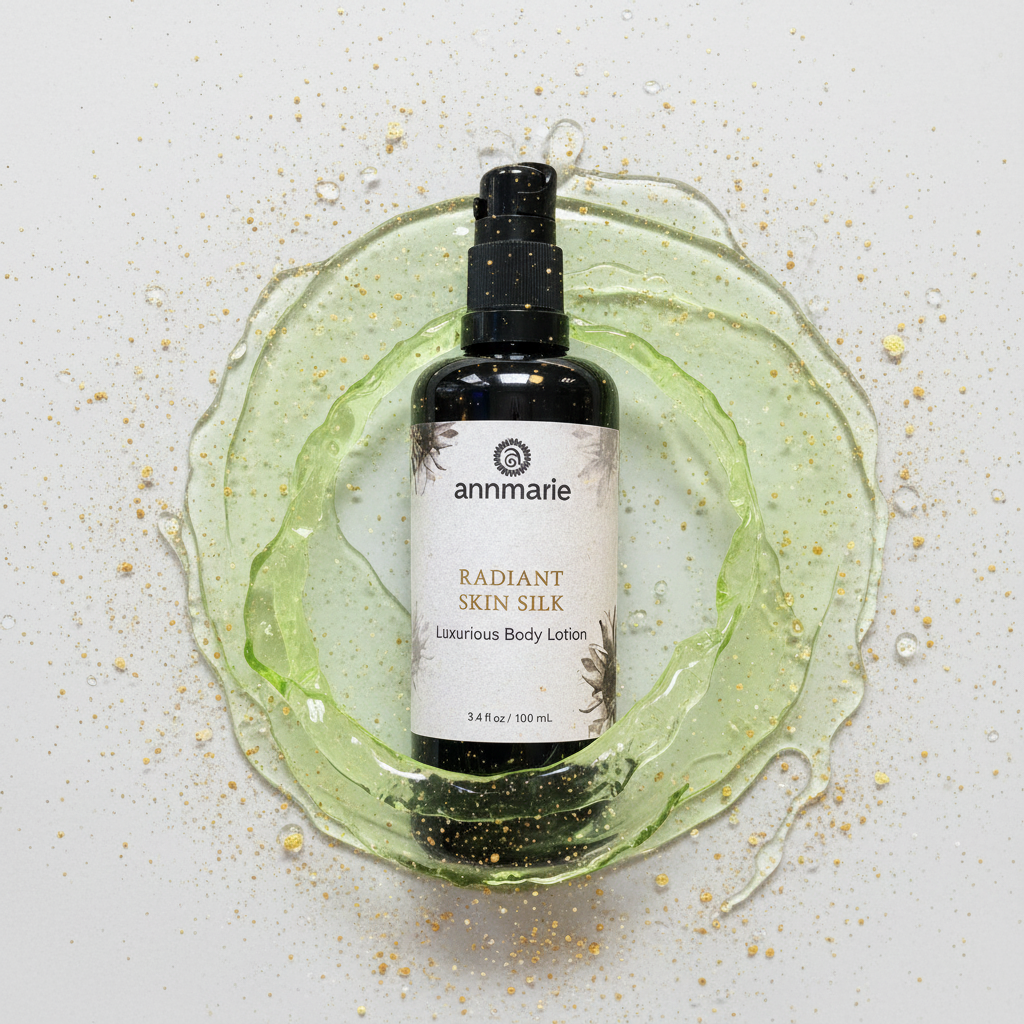 Bottle of Annmarie Radiant Skin Silk Lotion on a textured surface with green liquid.