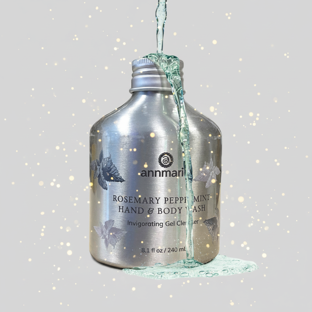 Silver bottle of Annmarie Soil Rosemary Peppermint Hand & Body Wash with liquid being poured into it on a light gray background.