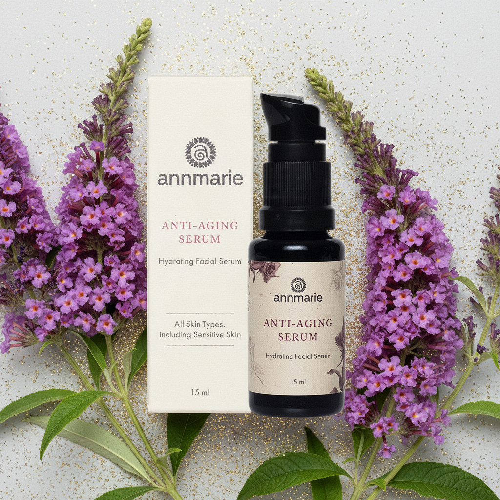 annmarie anti-aging serum bottle and packaging with purple flowers on a light background