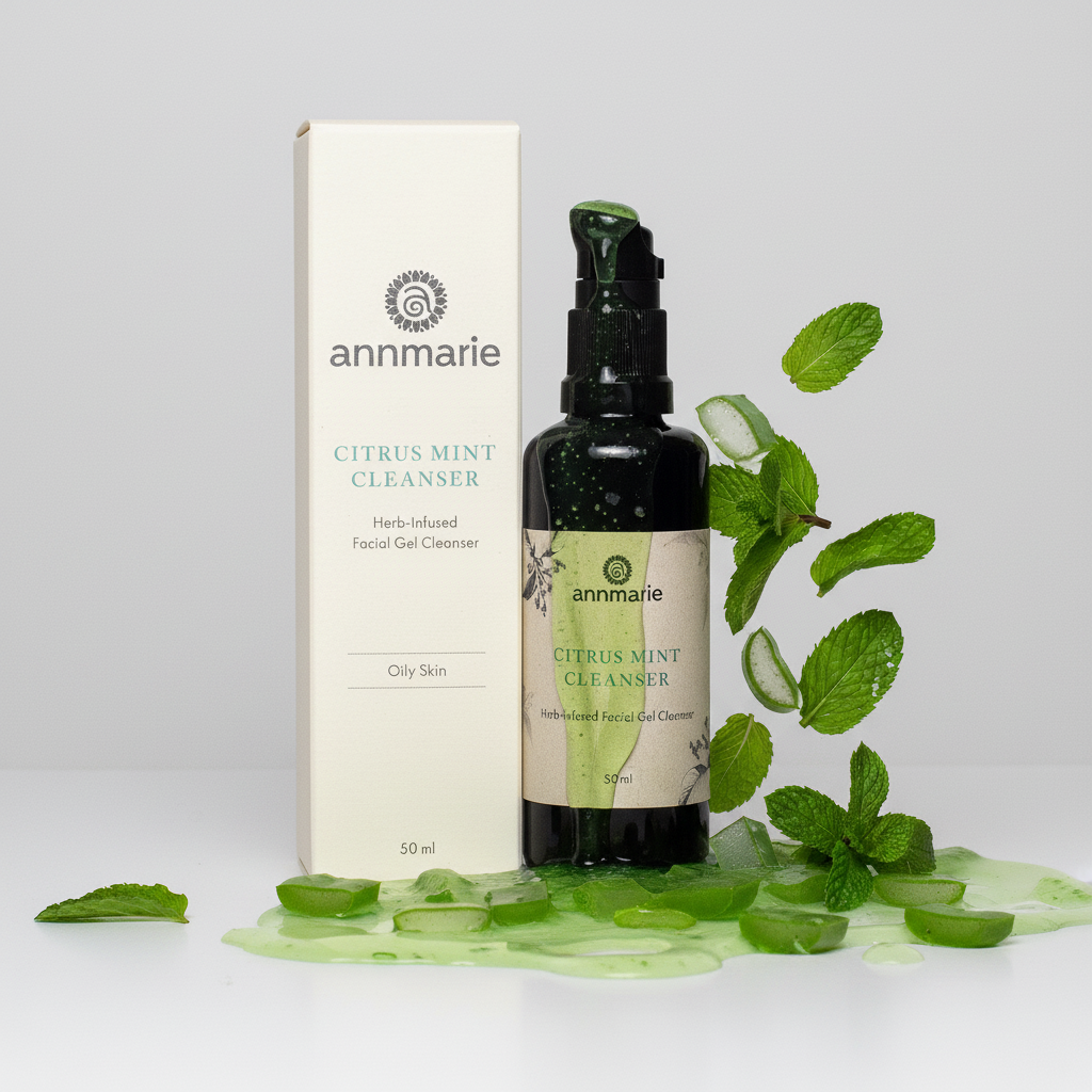 Annmarie Citrus Mint Cleanser bottle and packaging with mint leaves on a light gray background