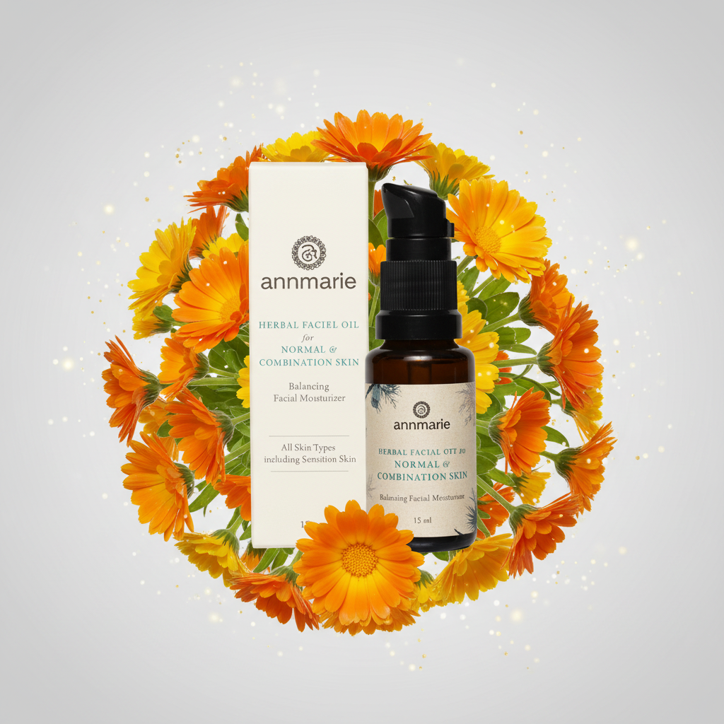 annmarie skincare products surrounded by calendula flowers on a light gray background