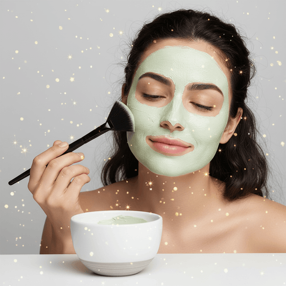 Woman applying green facial mask with brush and bowl against a light gray background
