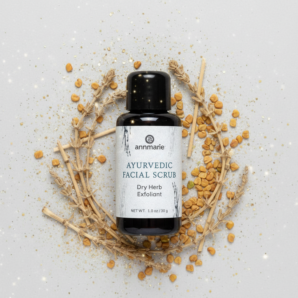 Bottle of Annmarie Ayurvedic Facial Scrub surrounded by dry herbs on a light background