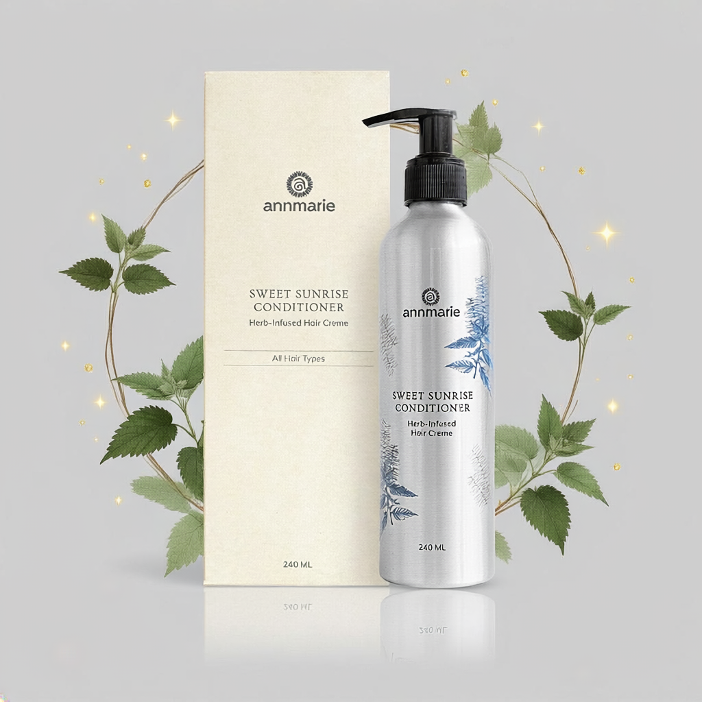 Annmarie Sweet Sunrise Conditioner bottle and packaging on a gray background with green leaves.