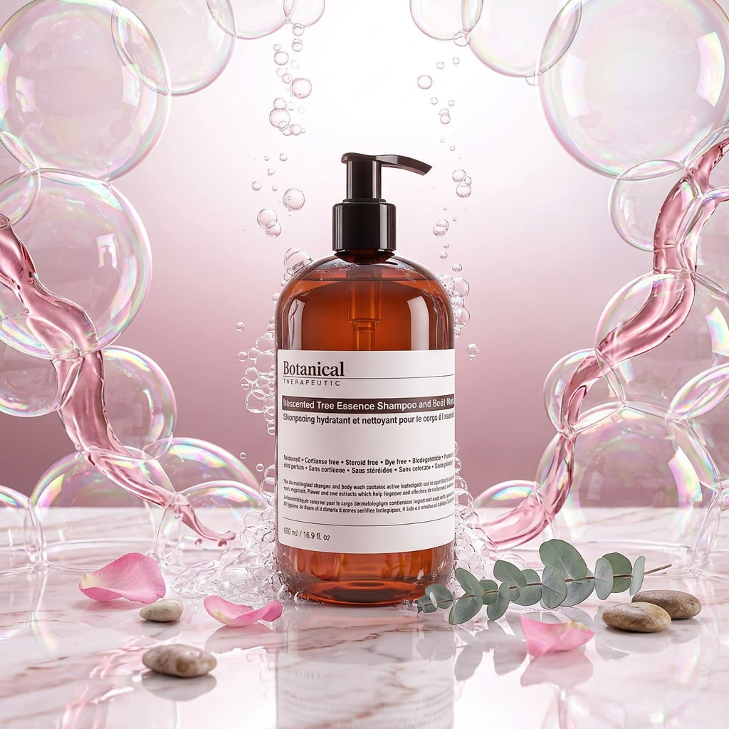 Brown bottle with pump and white label on a pink background with bubbles and eucalyptus leaves.