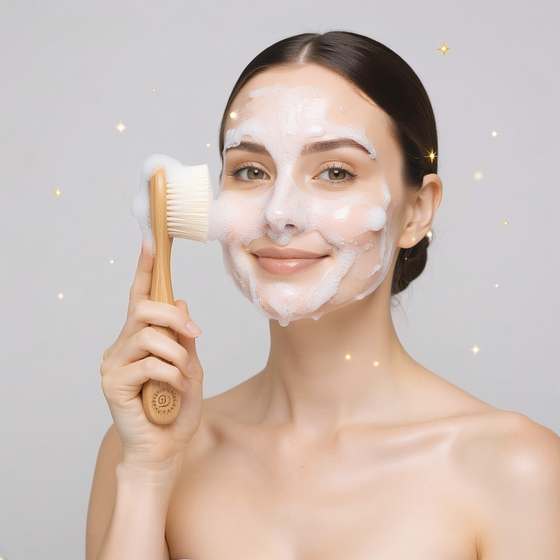 Woman with a facial mask holding a brush against a gray background
