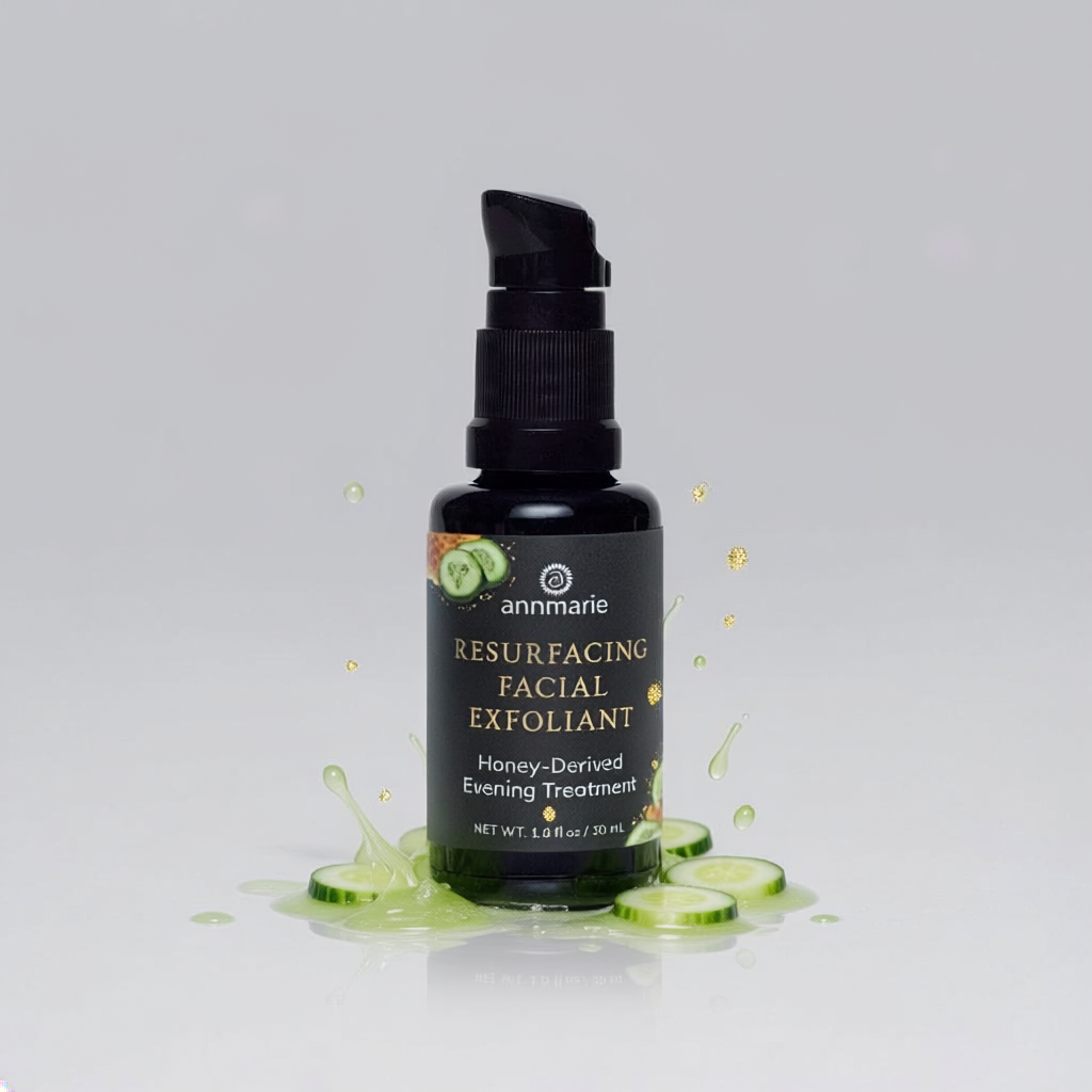 Bottle of 'Resurfacing Facial Exfoliant' with cucumber slices on a gray background