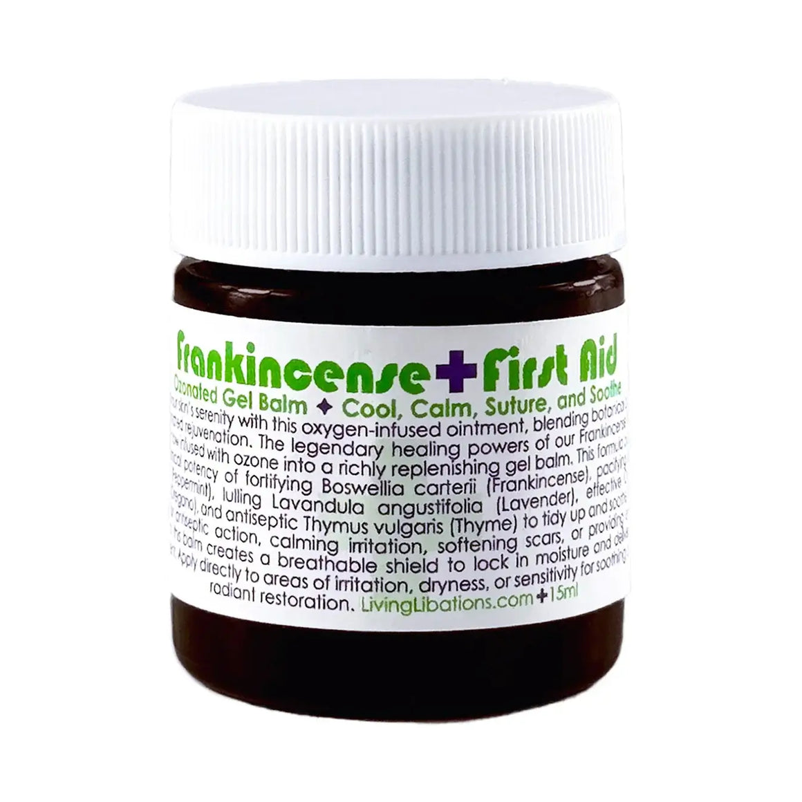 Jar of Frankincense + First Aid Gel Balm with white cap on a white background