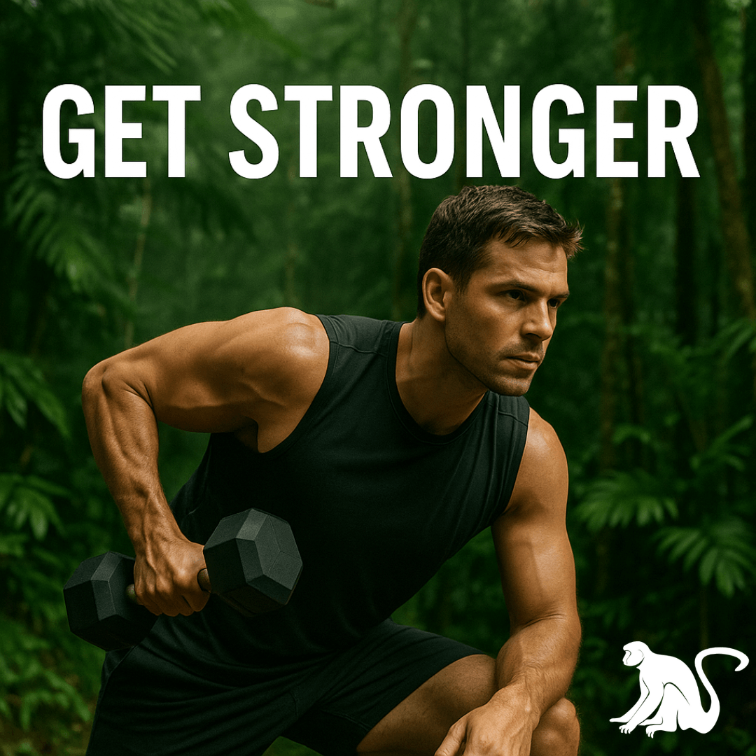 Man lifting a dumbbell with text 'GET STRONGER' in a forest setting