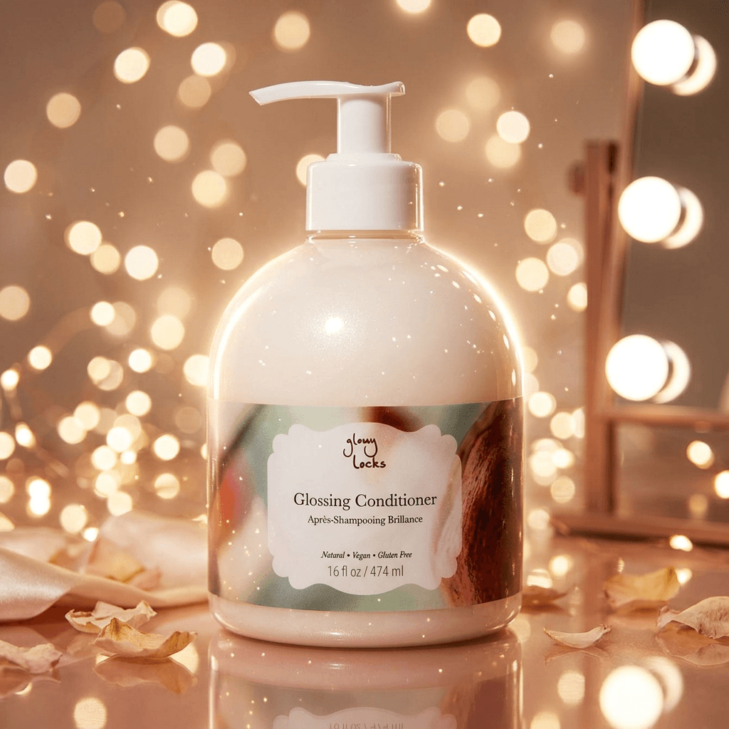 Glossy Locks glossing conditioner bottle with a soft glow and blurred lights in the background