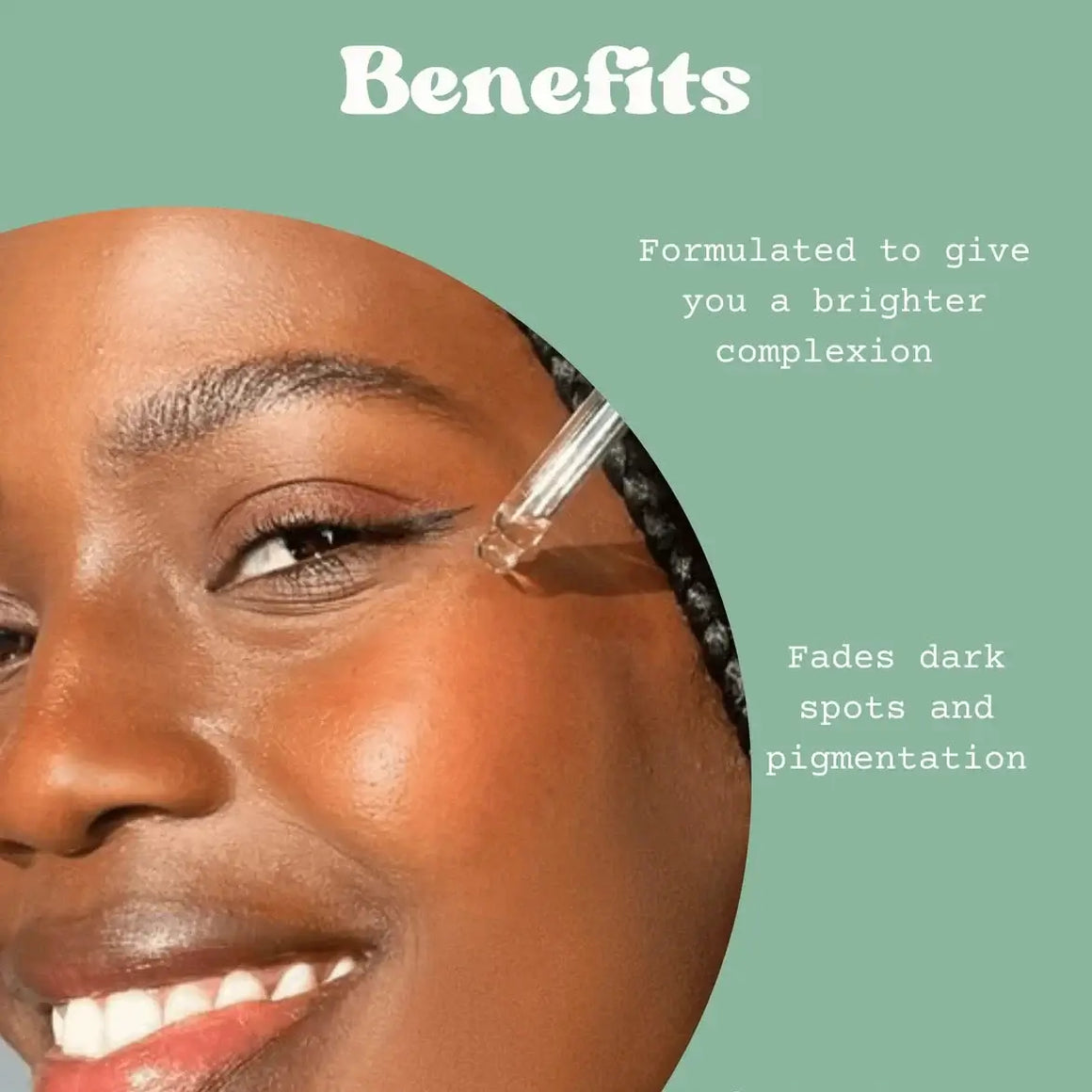 Woman applying Glow Serum for brighter complexion, showcasing benefits like fading dark spots and pigmentation.