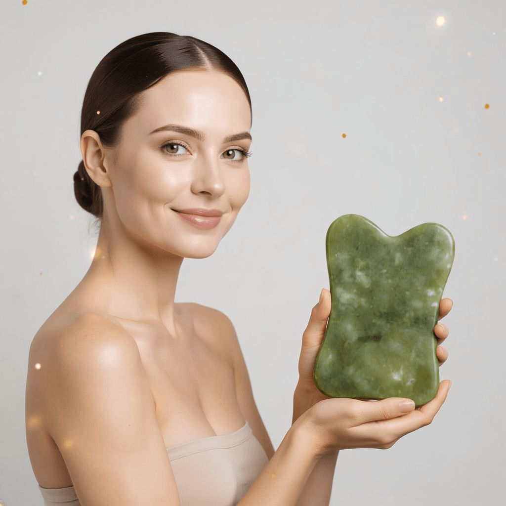 Woman holding a green jade gua sha tool against a light background