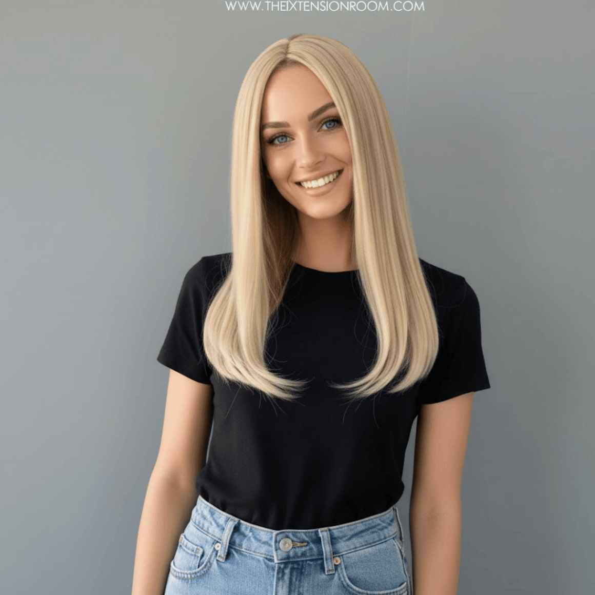 Hailey Silky Straight Blonde Wig displayed by a smiling model, showcasing sleek medium golden blonde hair.
