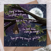 "Hang In There" greeting card design featuring comforting message and artwork, ideal as an Encouragement Card by Fox Under The Moon.