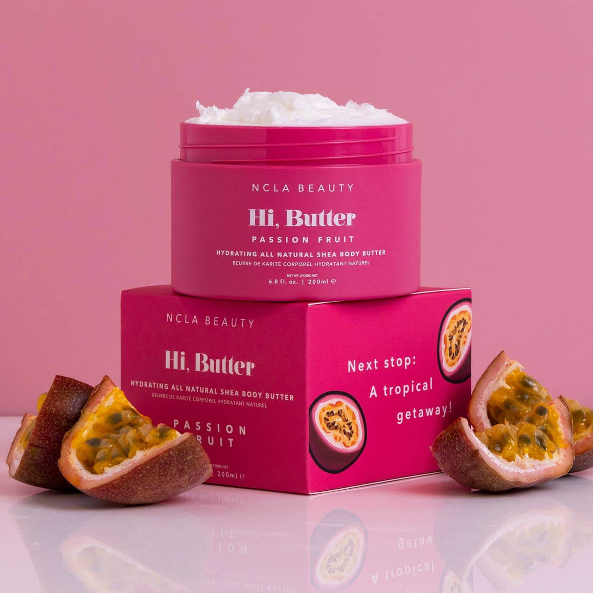 NCLA Beauty Hi, Butter passion fruit shea body butter with packaging on a pink background