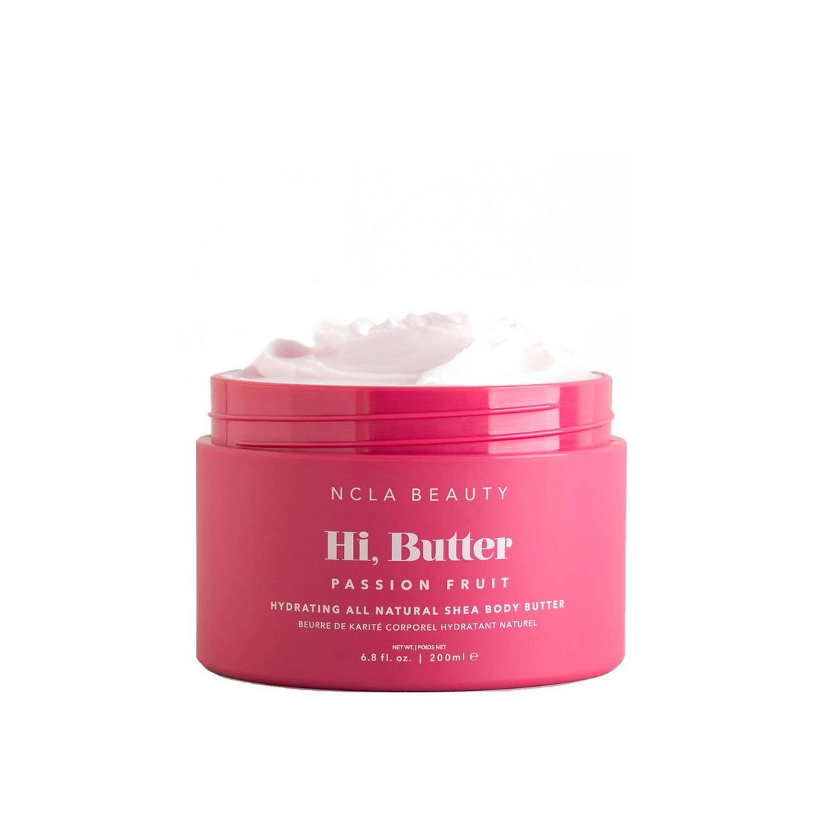 Pink jar of NCLA Beauty Hi, Butter Passion Fruit body butter on a white background