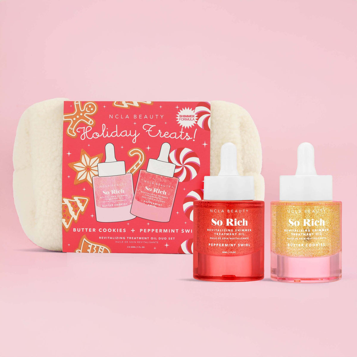 NCLA Beauty holiday treat set with soap and two skincare products on a pink background