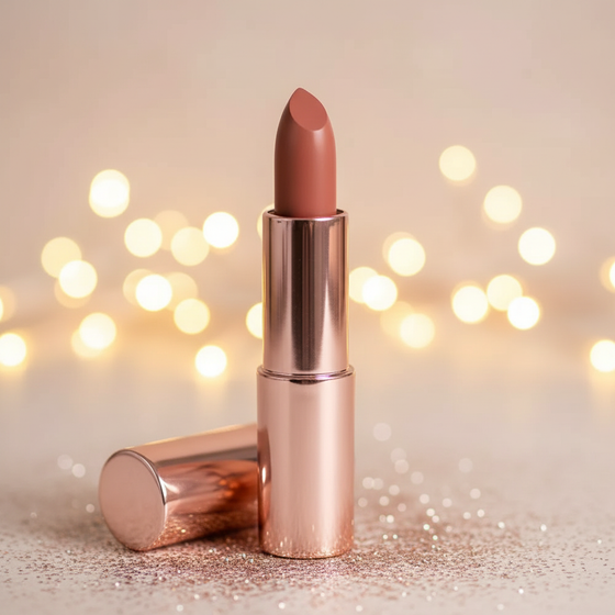 Lipstick with rose gold casing on a glittery surface with blurred lights in the background