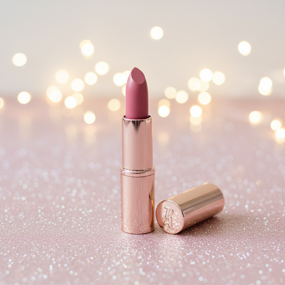 Pink lipstick with rose gold case on a glittery surface with blurred lights in the background