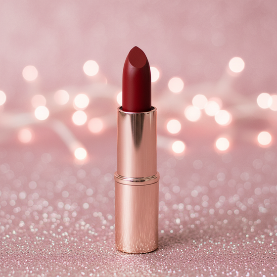 Red lipstick on a pink glittery background with blurred lights