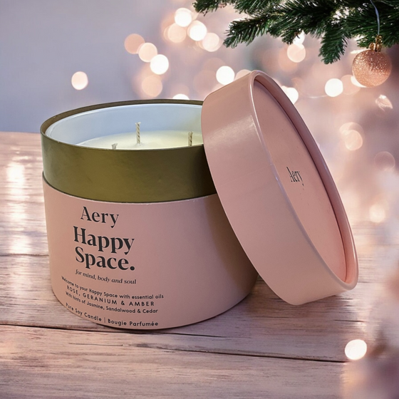 Happy Space Triple Wick Candle - Rose Geranium and Amber - Aery Living