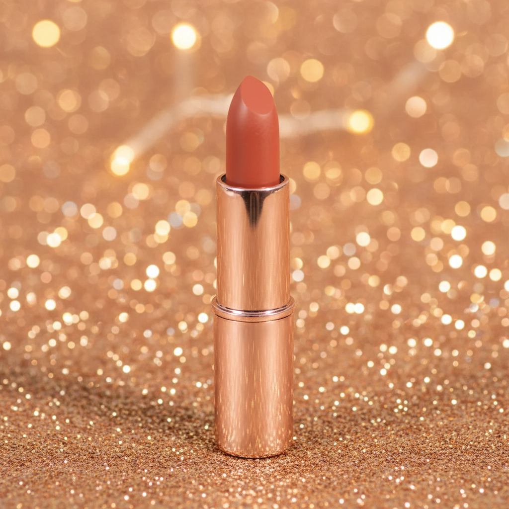 Lipstick with rose gold casing on a glittery gold background