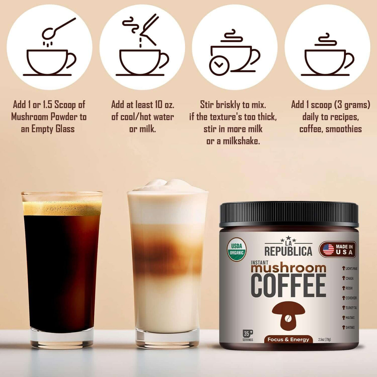 Instant 7 Mushroom Coffee – Wild-Crafted Superfood Blend |La Republica