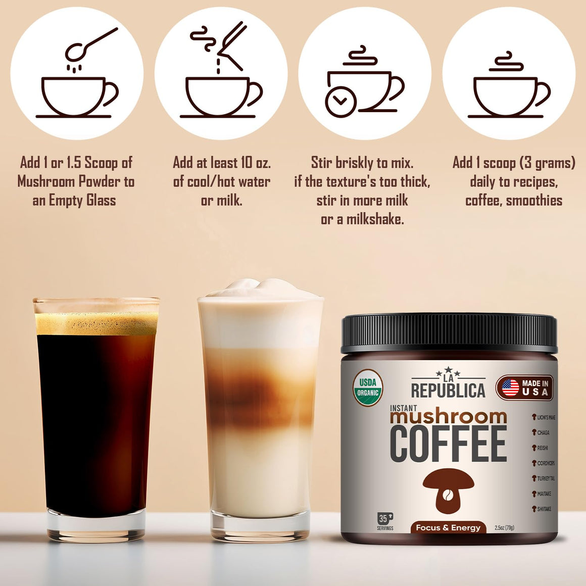 Instant 7 Mushroom Coffee – Wild-Crafted Superfood Blend |La Republica