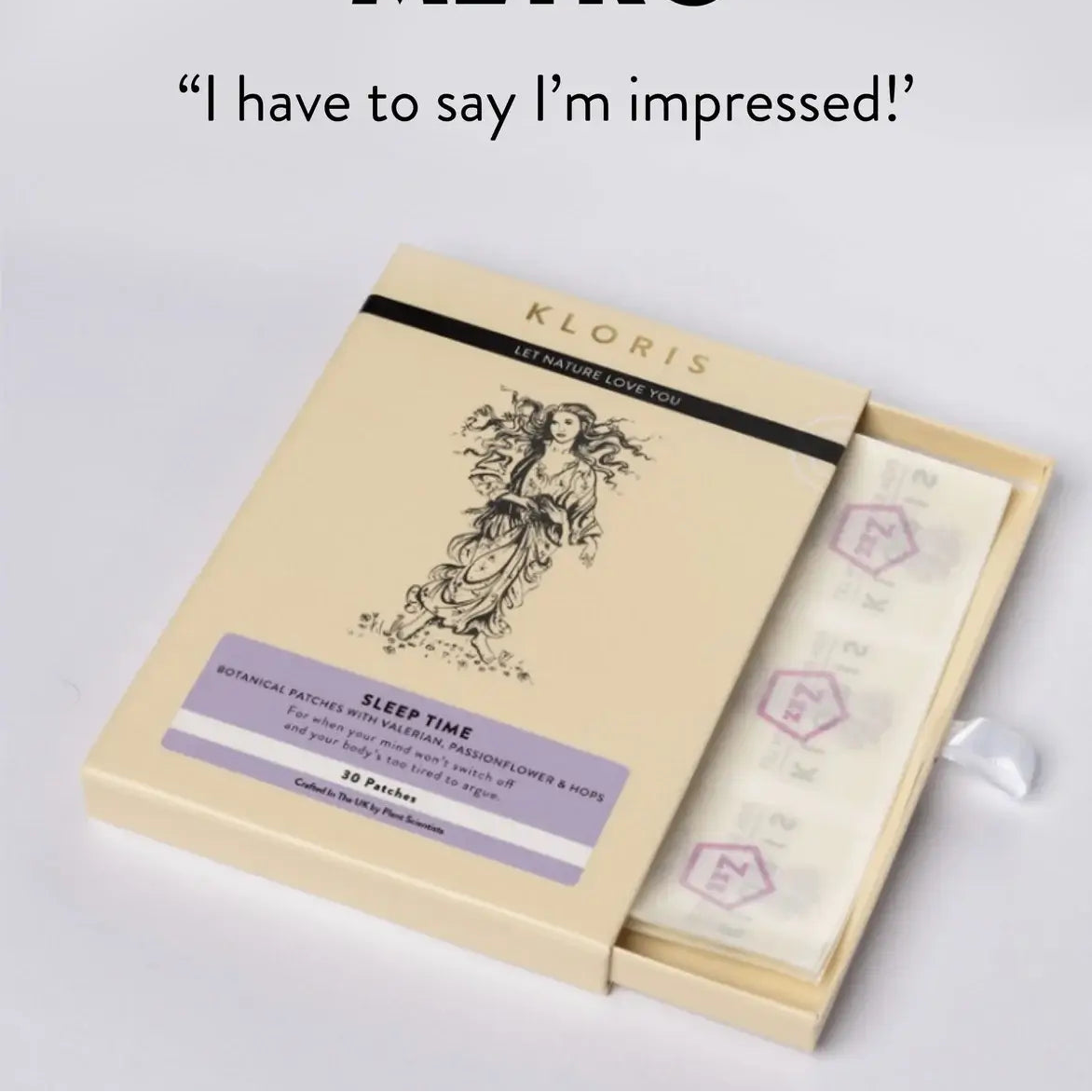 Kloris sleep time patch packaging with 'Metro' text and quote on a light gray background