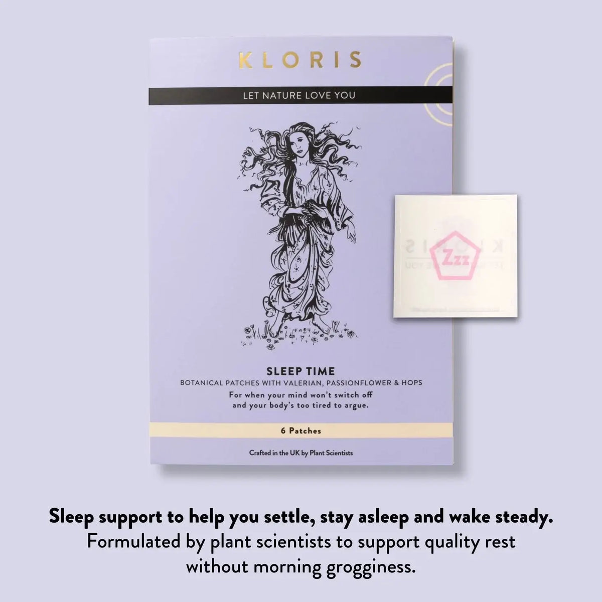 Kloris sleep support product packaging with text on a light purple background
