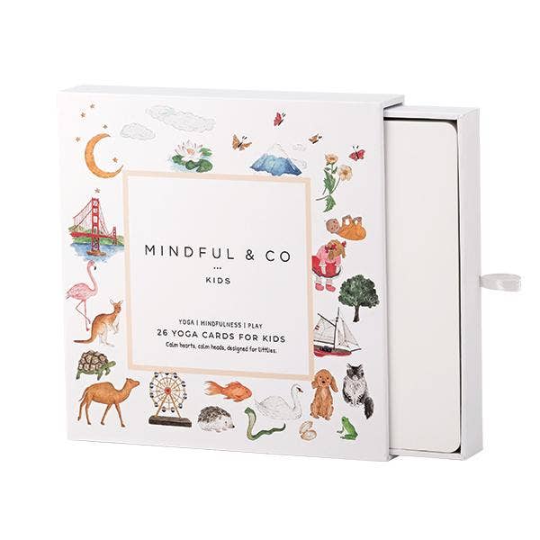 Mindful & Co yoga cards for kids packaging with illustrations on a white background