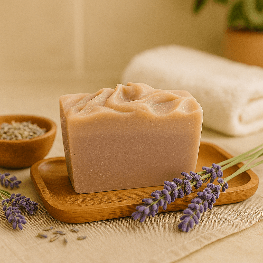 Lavender Vanilla Bar Soap - Soap Boutique on a wooden tray surrounded by lavender flowers