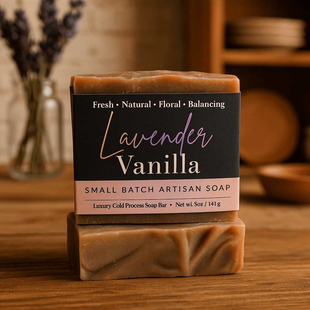 Lavender Vanilla Bar Soap - Soap Boutique displayed on a wooden surface with lavender sprigs in the background.