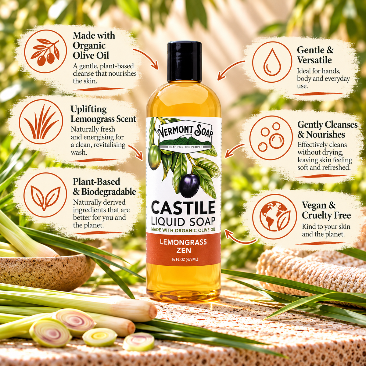 Lemongrass Zen Castile Liquid Soap - Vermont Soap