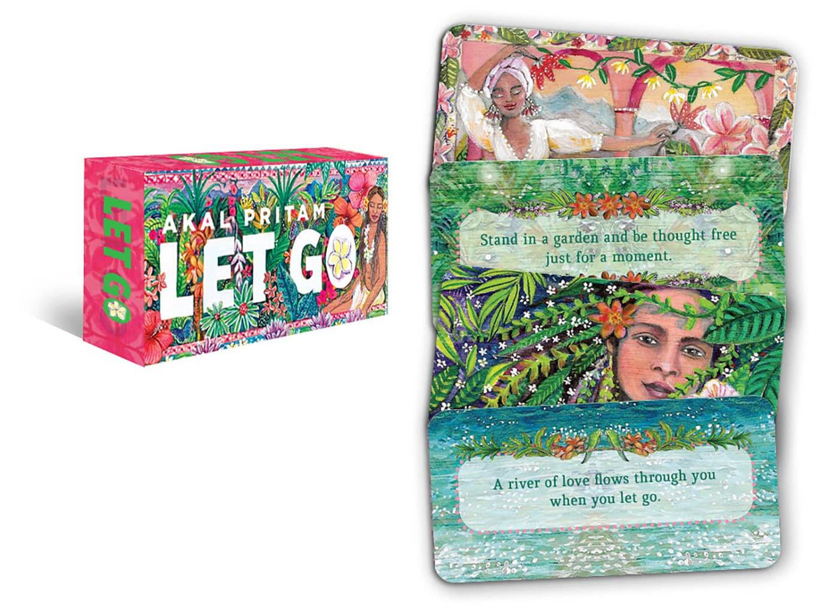 Colorful card deck with floral design and text on a white background