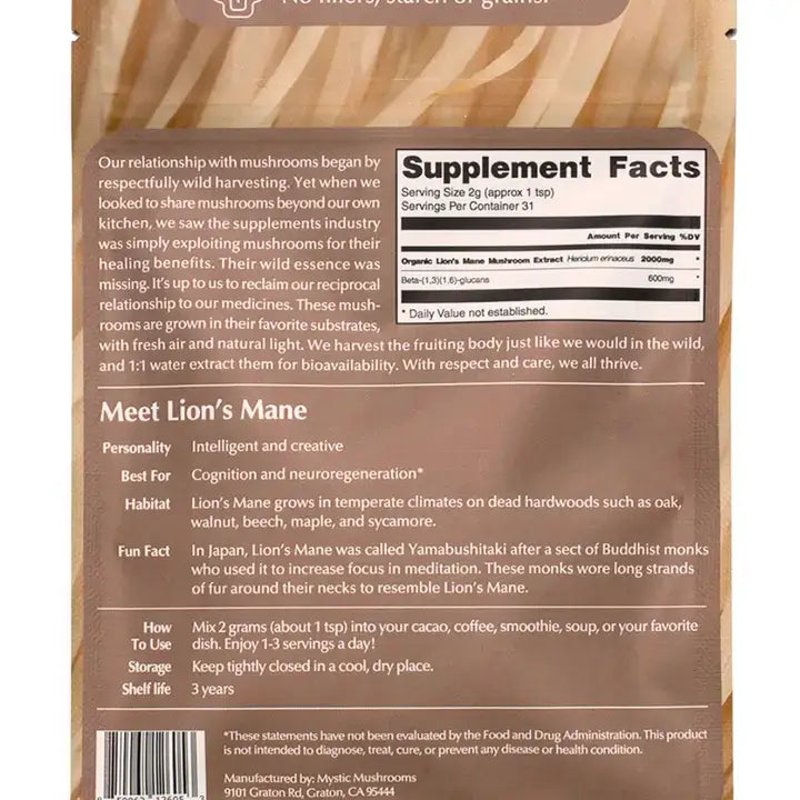 Lion's Mane Fruiting Body 1:1 Water Extracted & Organic 63g - ORA Cacao